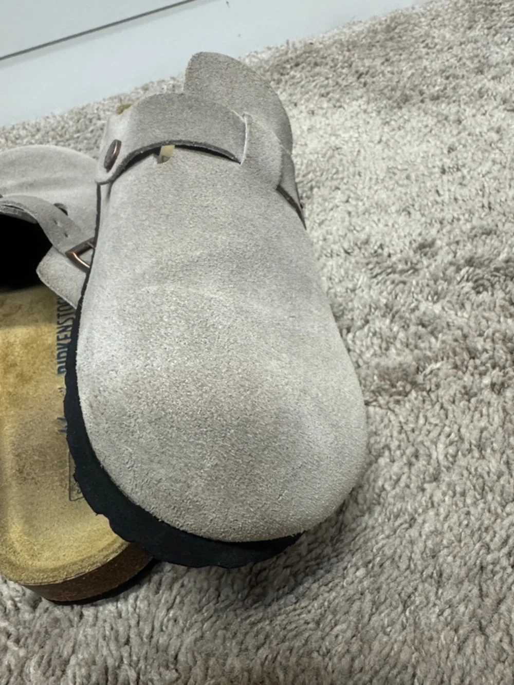 Birkenstock Suede Clog Mule in Taupe with Metallic Buckle